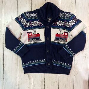 Janie and Jack Size 3 Toddler Cardigan Navy Train Fair Isle Knit EUC